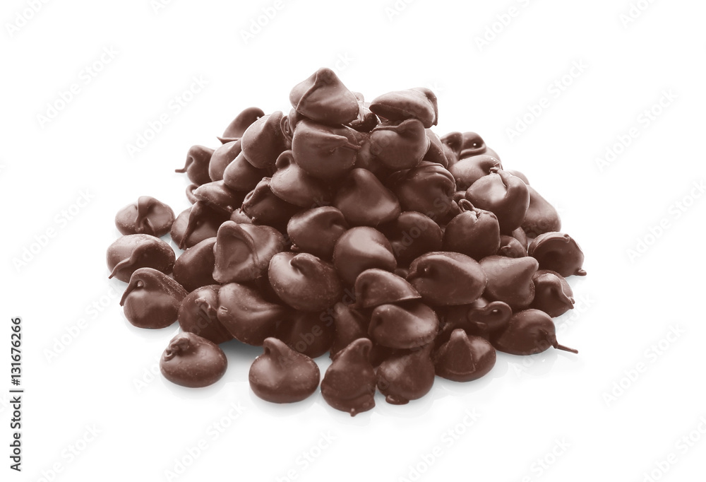 Heap of tasty chocolate chips on white background Heap of tasty chocolate chips on white background
