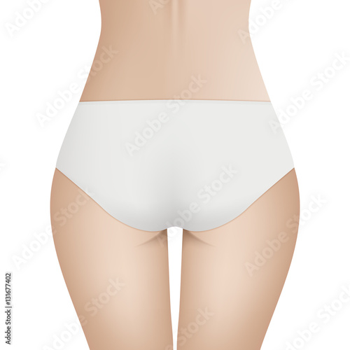 Beautiful woman s body in white bikini panties. Realistic vector template for design. Women health and intimate hygiene concept.