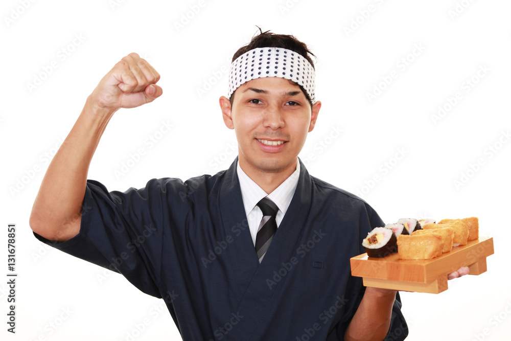 ガッツポーズの寿司職人
