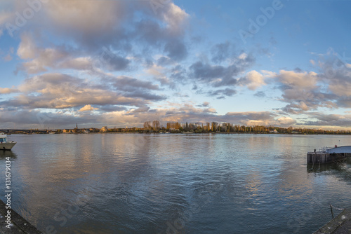 skyline of left rhine bank seen from Mainz with old Rhine bridge