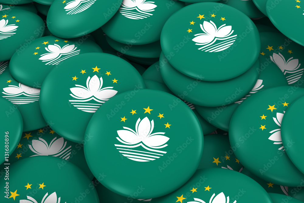 Macau Badges Background - Pile of Macanese Flag Buttons 3D Illustration