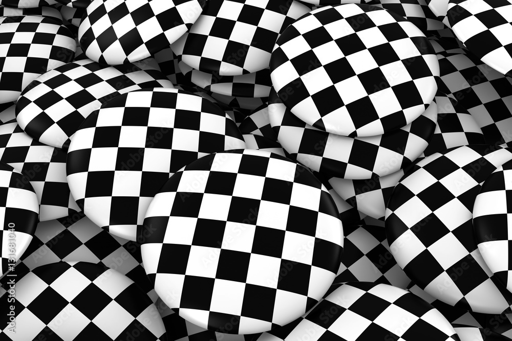Fototapeta premium Racing Checkers Badges Background - Pile of Checkered Flag Buttons 3D Illustration