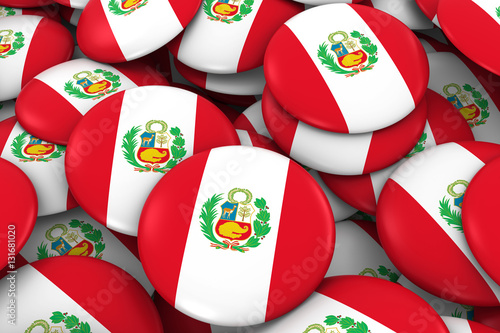 Peru Badges Background - Pile of Peruvian Flag Buttons 3D Illustration