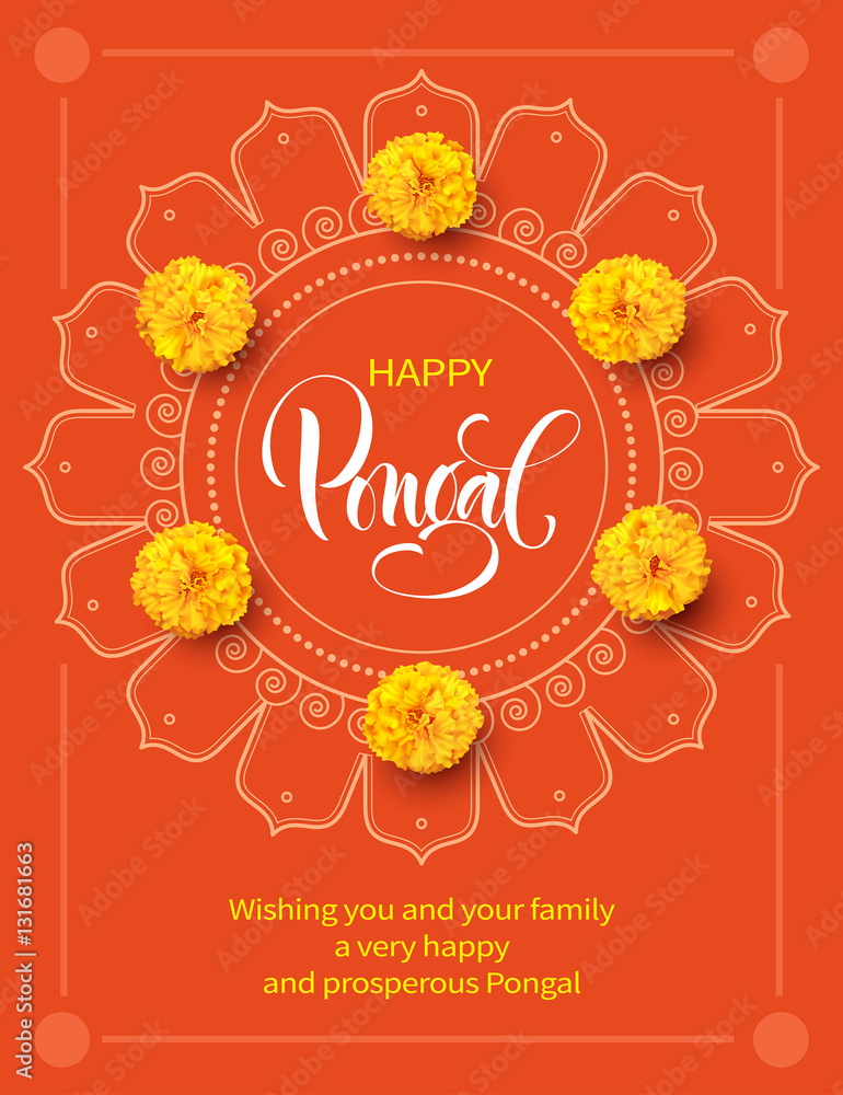 Obraz premium Greeting card with flowers and rangoli for tradition Indian festival Pongal. Makar Sankranti background. Vector illustration.