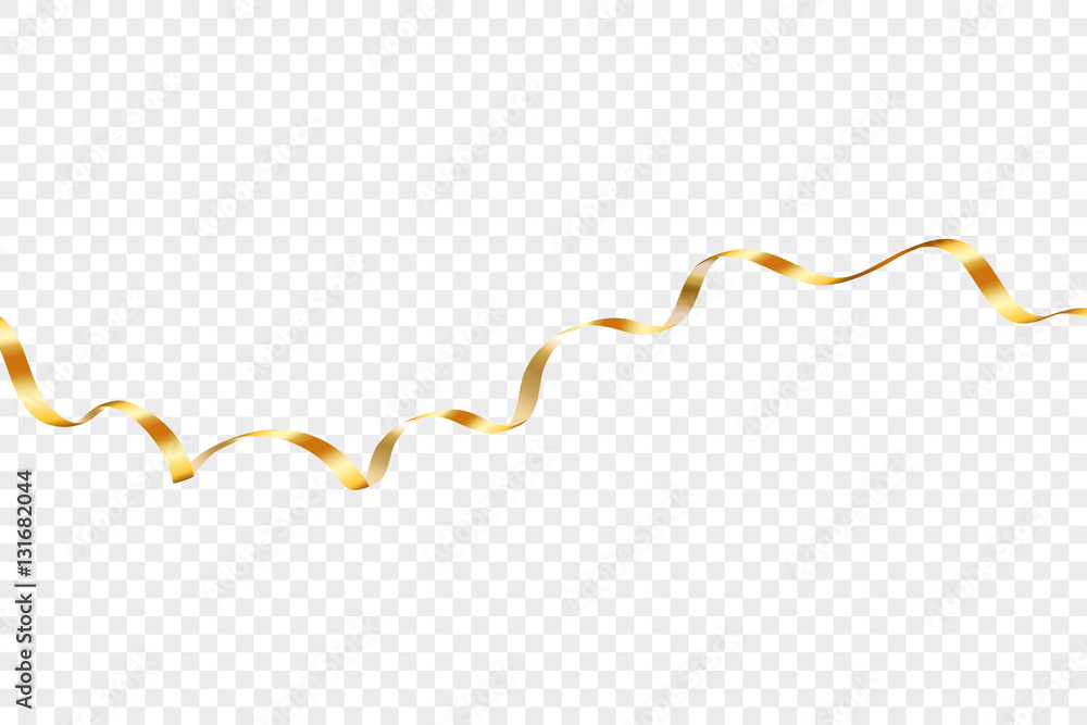 Gold curly ribbon. Golden serpentine on transparent background. Colorful streamers. Design decoration party, birthday, Christmas, New Year celebration, anniversary, carnival Vector illustration Gold curly ribbon. Golden serpentine on transparent background. Colorful streamers. Design decoration party, birthday, Christmas, New Year celebration, anniversary, carnival Vector illustration