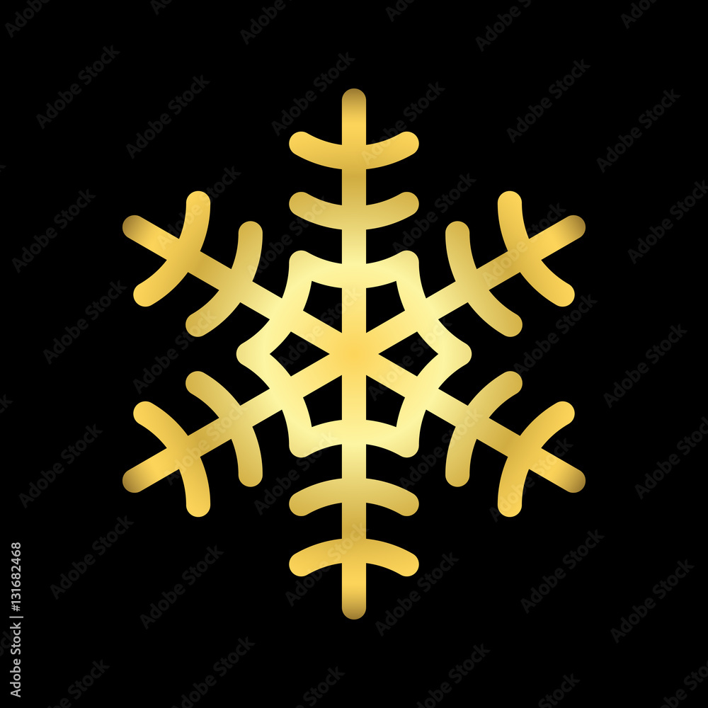 Obraz premium Gold Christmas snowflake icon. Golden silhouette snow flake sign isolated on black background. Elegant design for card, greeting, decoration. Shine texture. Symbol of winter Vector illustration
