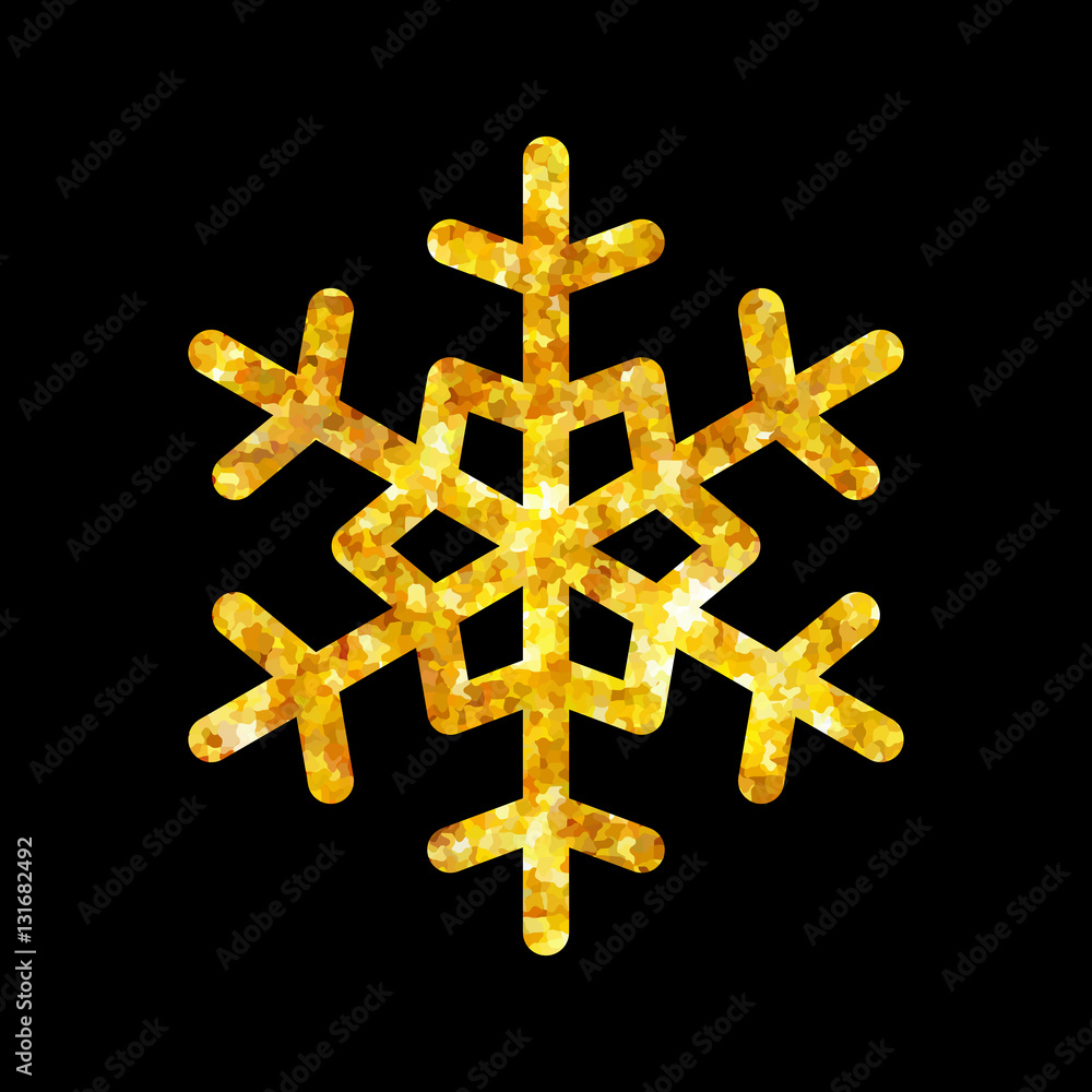 Obraz premium Gold Christmas snowflake icon. Golden fire silhouette snow flake sign isolated black background. Elegant design card, decoration. Symbol winter, New Year holiday celebration Vector illustration