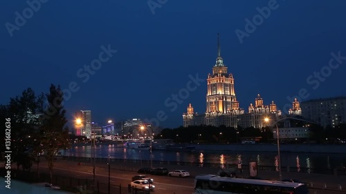 Radisson Royal Hotel in Moscow at night. Former Ukraina Hotel panoramma timelaps photo