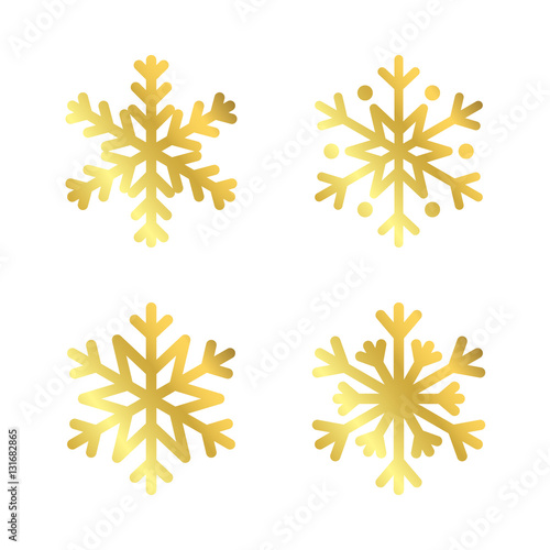 Gold Christmas snowflakes set icons. Golden silhouette snow flake sign isolated on white background. Elegant design card, greeting, decoration. Shine texture. Symbol of winter Vector illustration