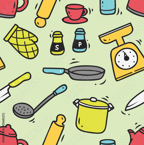Kitchen utensils seamless background