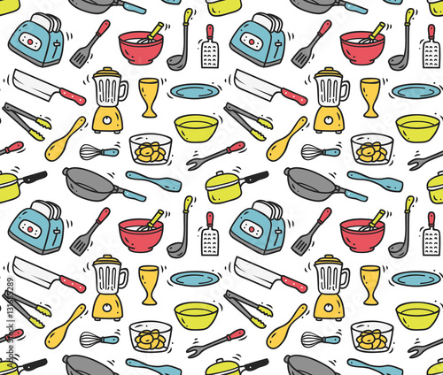 Kitchen utensils seamless background