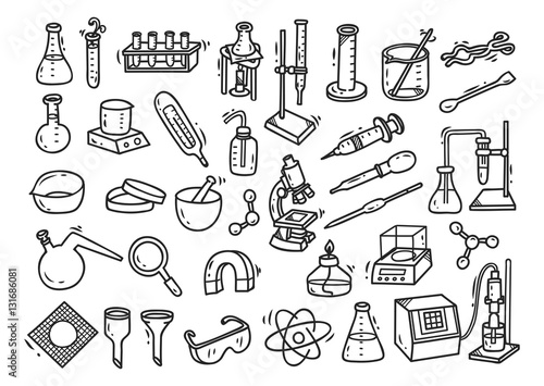 Set of laboratory equipment in doodle style