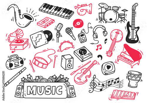 set of music instrument in doodle style