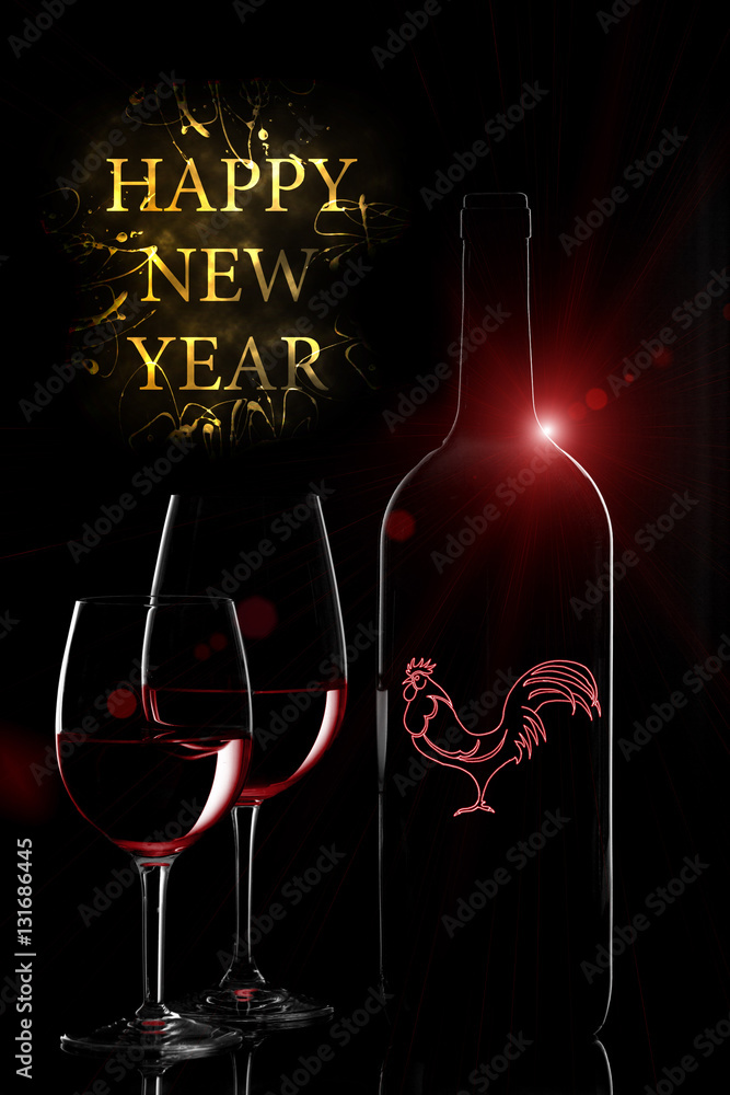 Happy New Year greeting with rooster, red wine bottle and two wine