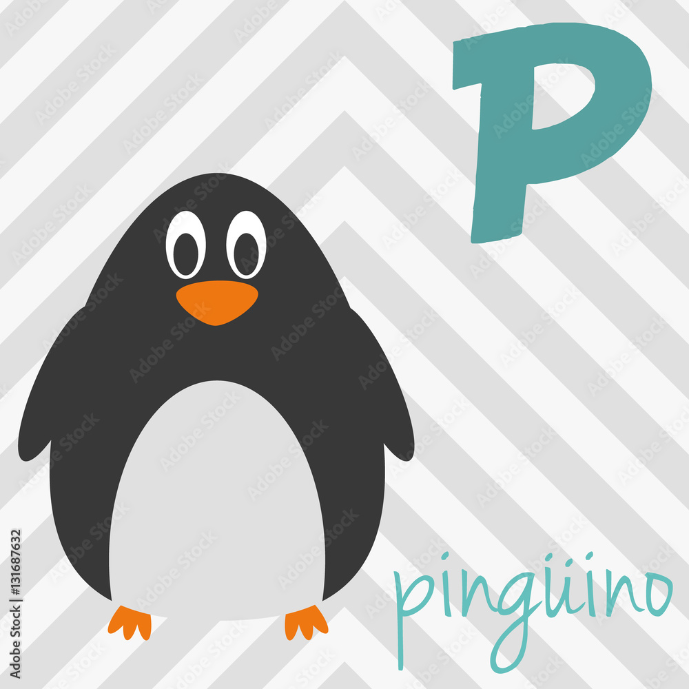 Naklejka premium Cute cartoon zoo illustrated alphabet with funny animals. Spanish alphabet: P for Pingüino. Learn to read. Isolated Vector illustration.