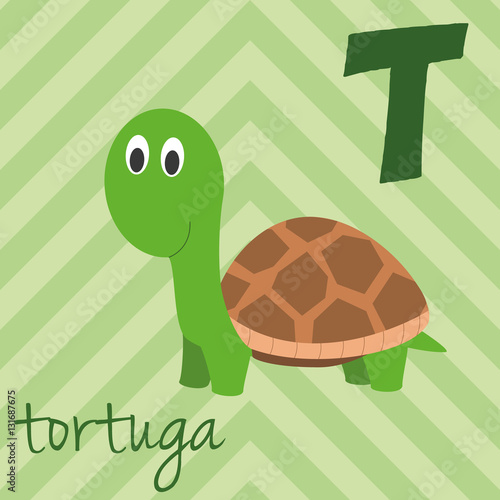 Cute cartoon zoo illustrated alphabet with funny animals. Spanish alphabet:  T for Tortuga. Learn to read. Isolated Vector illustration. Stock Vector |  Adobe Stock