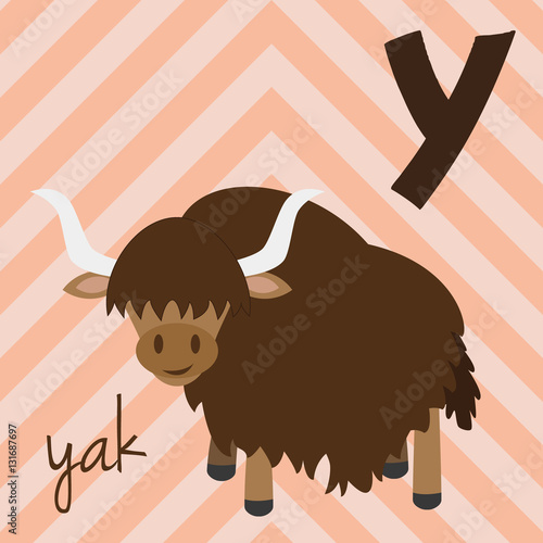 Cute cartoon zoo illustrated alphabet with funny animals. Spanish alphabet: Y for Yak. Learn to read. Isolated Vector illustration.