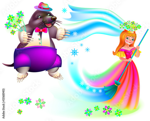 Illustration to the children's tale. Beautiful little girl with a broom and a mole with a bouquet of flowers. Vector cartoon image.