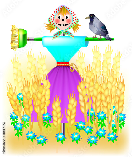 Illustration of fantasy landscape with scarecrow in a wheat field. Vector cartoon image.