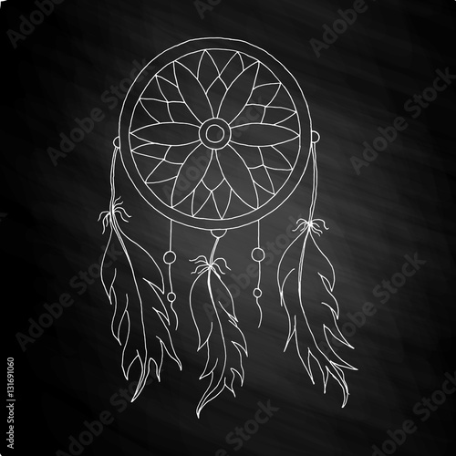 hand to draw a Dreamcatcher with beads and feathers of birds on the chalkboard