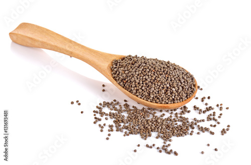 Perilla herb seed in wooden spoon on white background