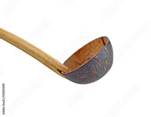 Dipper coconut shell ladle ancient traditional,isolated on backg photo