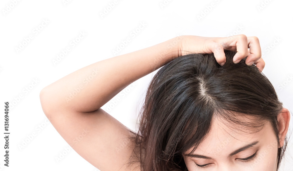 Fototapeta premium Closeup woman hand itchy scalp, Hair care concept
