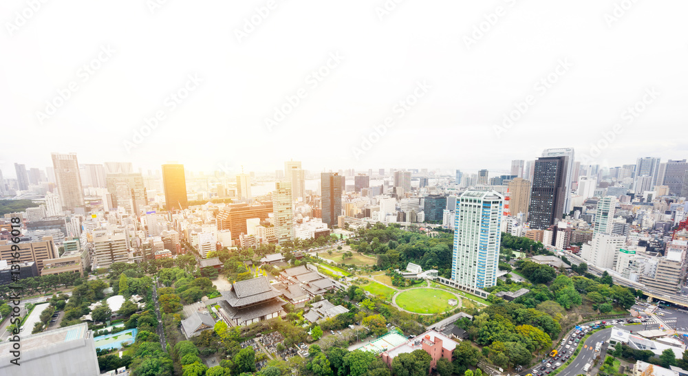 Business and culture concept - panoramic modern city skyline bird eye aerial view with zojo-ji temple shrine from tokyo tower under dramatic sunrise and morning blue sky in Tokyo, Japan Business and culture concept - panoramic modern city skyline bird eye aerial view with zojo-ji temple shrine from tokyo tower under dramatic sunrise and morning blue sky in Tokyo, Japan