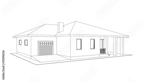 Building perspective 3D. Drawing of the suburban house. Outlines cottage on white background. House 3D model perspective vector. Cottage blueprint. EPS 10. 