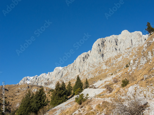 Presolana is a mountain range of the Bergamo Prealps. Orobie landscape in winter dry season without snow.