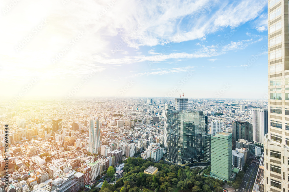 Obraz premium Business and culture concept - panoramic modern city skyline bird eye aerial view with Tokyo Metropolitan Government Building under dramatic sun and morning blue cloudy sky in Tokyo, Japan