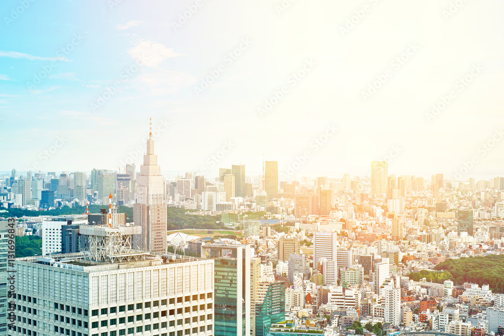 Asia Business concept for real estate and corporate construction - panoramic modern cityscape building bird eye aerial view under sunrise and morning blue bright sky in Tokyo, Japan