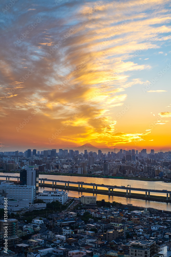 Asia Business concept for real estate and corporate construction - vertical modern cityscape building bird eye aerial view with Mount Fuji under sunrise and morning blue bright sky in Tokyo,Japan