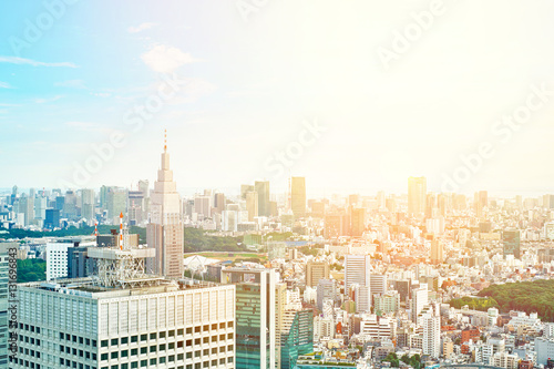Asia Business concept for real estate and corporate construction - panoramic modern cityscape building bird eye aerial view under sunrise and morning blue bright sky in Tokyo, Japan © voyata