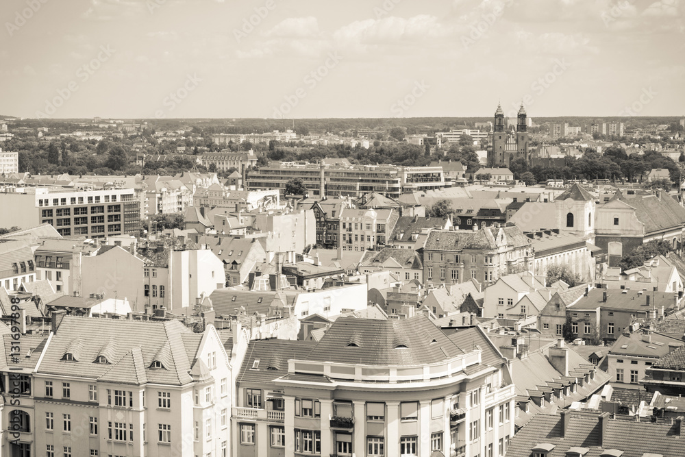 Poznan, Poland - June 28, 2016: Black and white photo, View on old or modern buildings in town Poznan