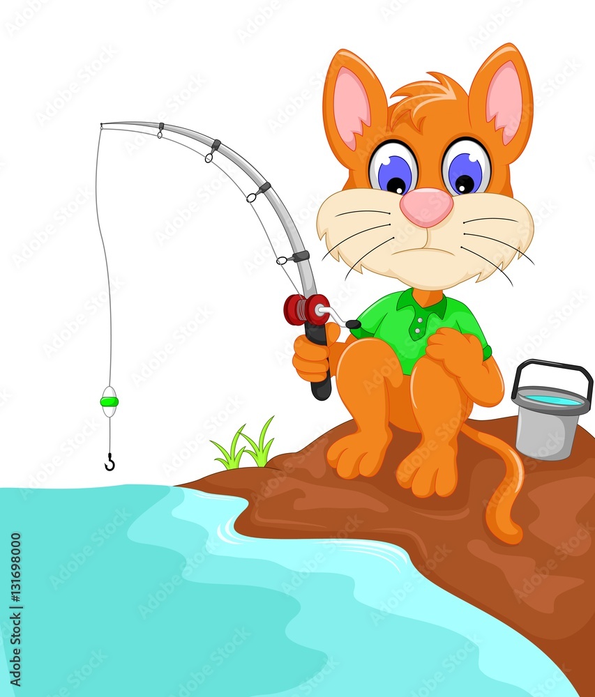 funny cat cartoon fishing in the river Stock Illustration