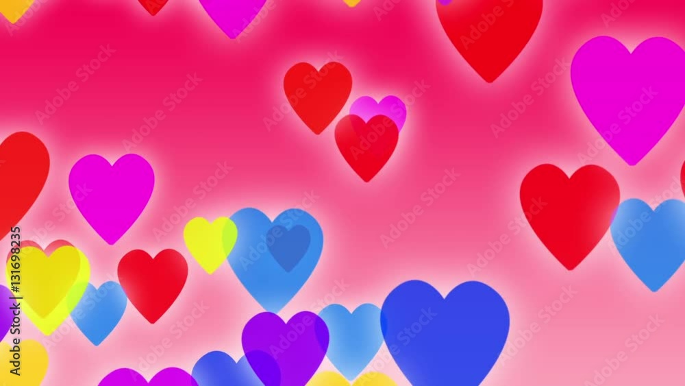 Hearts background animation. Colorful hearts slowly falling down on a pink background with particles flowing around Hearts background animation. Colorful hearts slowly falling down on a pink background with particles flowing around