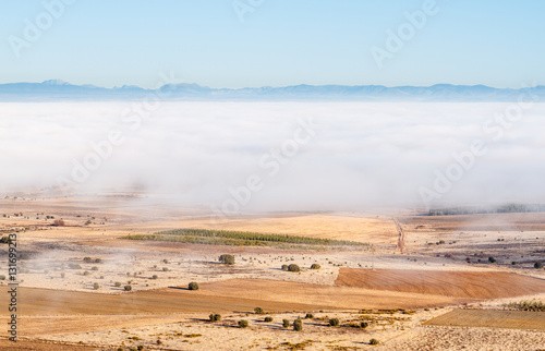 Vista aérea campos de cultivo y niebla en Tierras de La Bañeza. 