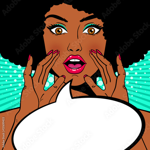 Wow female face. Sexy surprised african american woman holding her hands open mouth and screaming and speech bubble. Vector colorful background in pop art retro comic style. Party invitation.