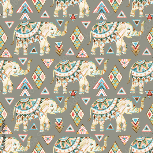 Indian elephant watercolor seamless pattern