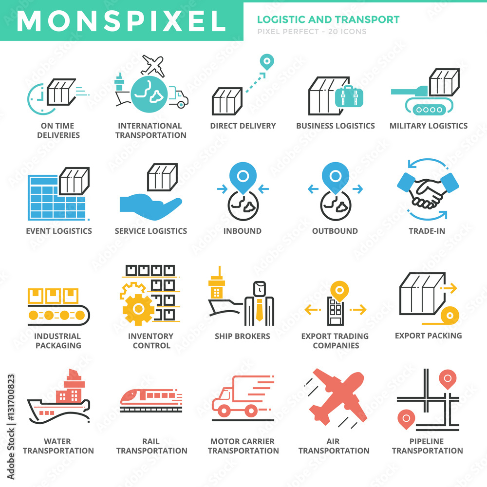 Flat thin line Icons set of Logistic and Transport. Pixel Perfec Flat thin line Icons set of Logistic and Transport. Pixel Perfec