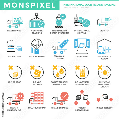 Flat thin line Icons set of International Logistic and Packing.