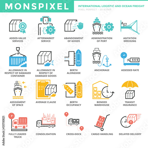 Flat thin line Icons set of International Logistic and Ocean Fre