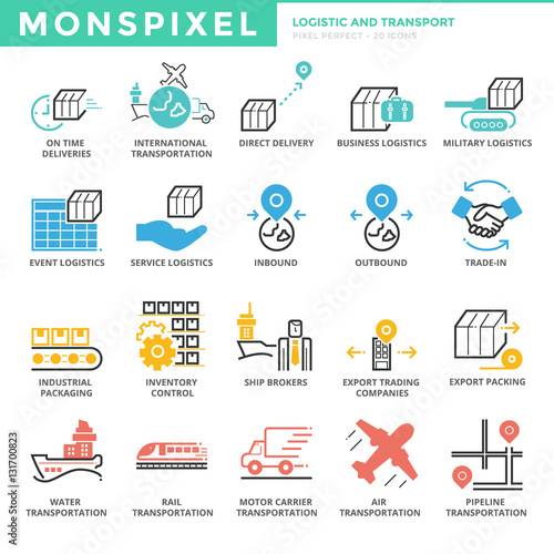 Flat thin line Icons set of Logistic and Transport. Pixel Perfec