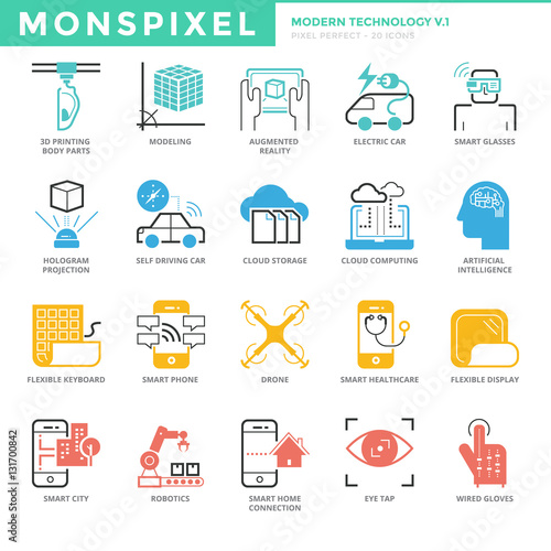 Flat thin line Icons set of Modern Technology. Pixel Perfect Ico
