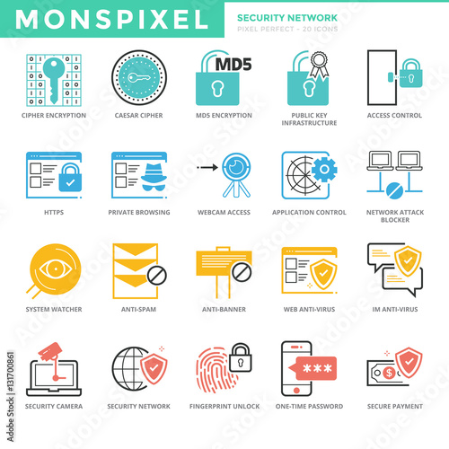 Flat thin line Icons set of Security Network. Pixel Perfect Icon