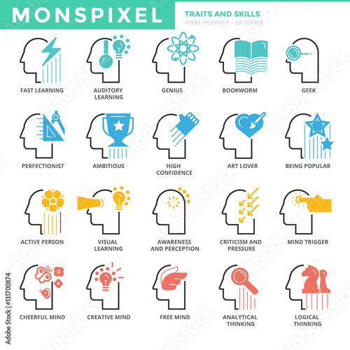 Flat thin line Icons set of Traits and Skills. Pixel Perfect Ico