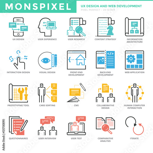 Flat thin line Icons set of UX Design And Web Development. Pixel