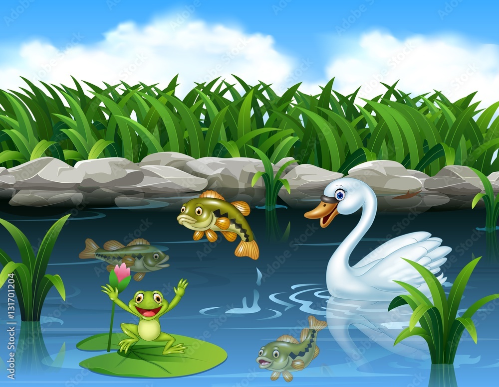 Naklejka premium Cute swan swimming on the pond and frog