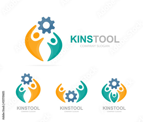 Vector gear and people logo combination. Industrial and family symbol or icon. Unique union, service, equipment, team and community logotype design template.